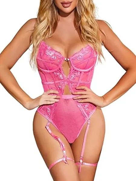 Kaei&Shi Floral Embroidered, Underwire, Removable Garter, Thigh Straps, Backless Bodysuit - Neon Pink - 12-14