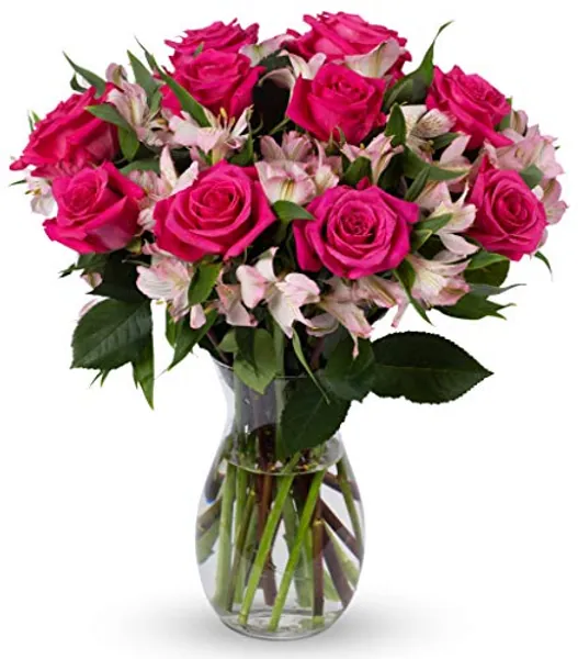 Benchmark Bouquets, Charming Roses & Alstroemeria, Glass Vase Included, Gift Fresh Flowers for Birthday, Anniversary, Get Well, Sympathy, Congratulations, Thank You, Just Because