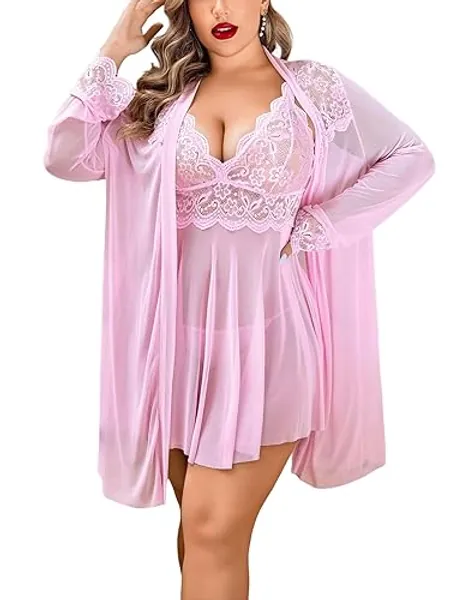 Avidlove Plus Size Lingerie Sexy Lingerie Set Women's Exotic Nightgowns Lace Chemise Lingerie Side Slit Nightdress - X-Large - Dark Pink