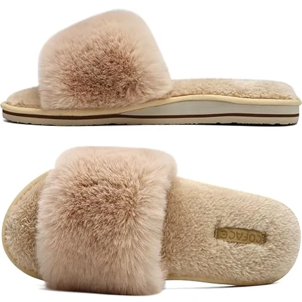 COFACE Womens Sliders Plush House Slippers Flat Sandals For Women Memory Foam Fuzzy Open Toe Slippers With Arch Support Anti Skid Ladies Slip On Fur Slide Slippers House Shoes Mules Indoor Outdoor - 10 - Beige With Fur