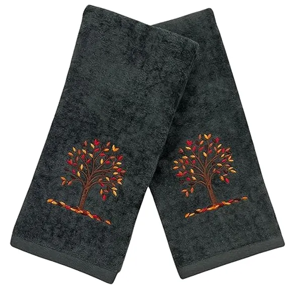 Harvest Fall Hand Towels: Plush Dark Grey Gray Cotton Towels with Autumn Tree Design Set of 2, 16" x 25" Inch (Mod Harvest)