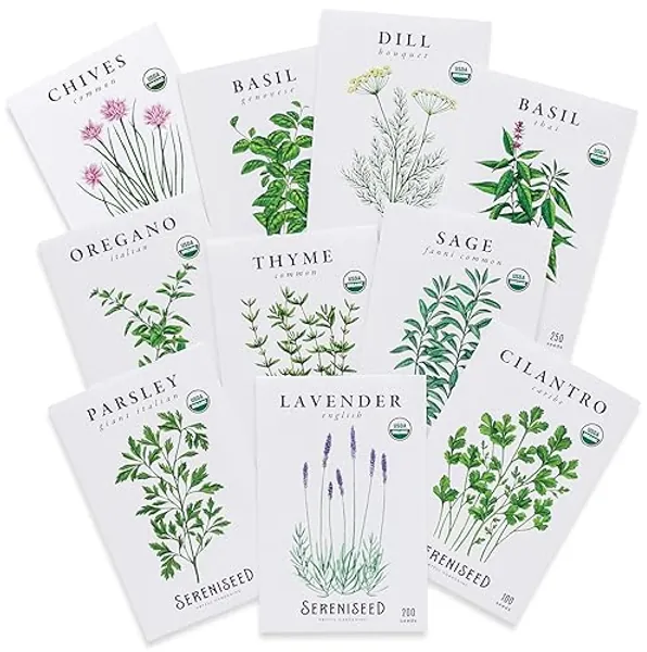 Sereniseed Certified Organic Herb Seeds (10-Pack) – Non GMO, Heirloom – Seed Starting Video - Basil, Cilantro, Oregano, Thyme, Parsley, Lavender, Chives, Sage, Dill Seeds for Indoor & Outdoor Planting - 10-Pack
