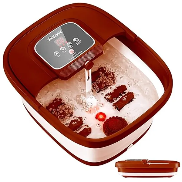 HOSPAN Collapsible Foot Spa with Heat, Bubble, Red Light, and Temperature Control, Foot Bath Massager with 8 Shiatsu Massage Rollers, Pedicure Foot Spa for Relaxation and Stress Relief, Brown