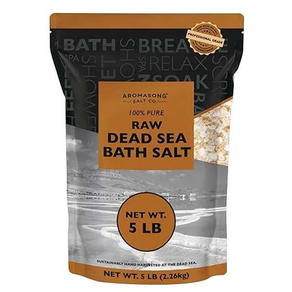 Aromasong 5 lbs Raw Dead Sea Salt - Contains All Dead sea Minerals Including Dead sea Mud - Fine Medium Grain Bath Salt Large resealable Bulk Pack (Packaging May Vary)