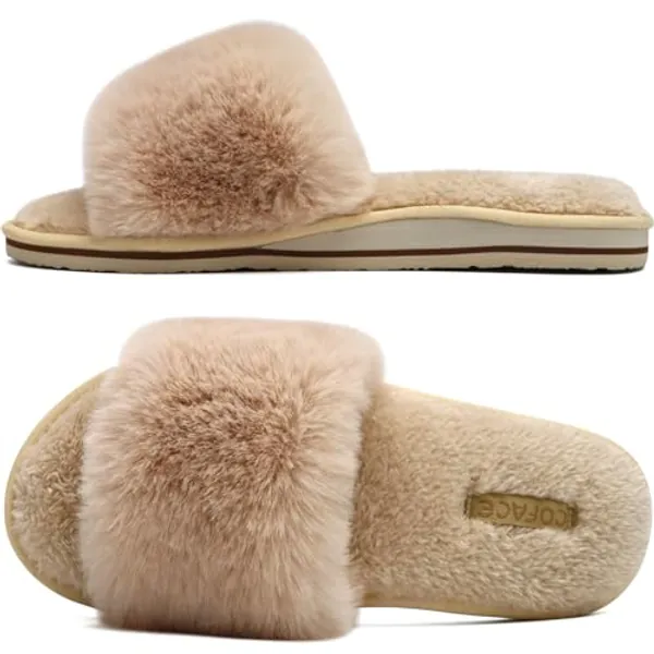 COFACE Womens Sliders Plush House Slippers Flat Sandals For Women Memory Foam Fuzzy Open Toe Slippers With Arch Support Anti Skid Ladies Slip On Fur Slide Slippers House Shoes Mules Indoor Outdoor