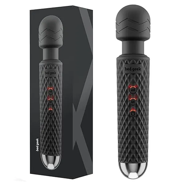 bed geek Handheld Cordless Personal Wand Massager with Memory Feature Waterproof USB Rechargeable Massage 20 Vibration Patterns 8 Speeds Skin Soft Silicon - Black