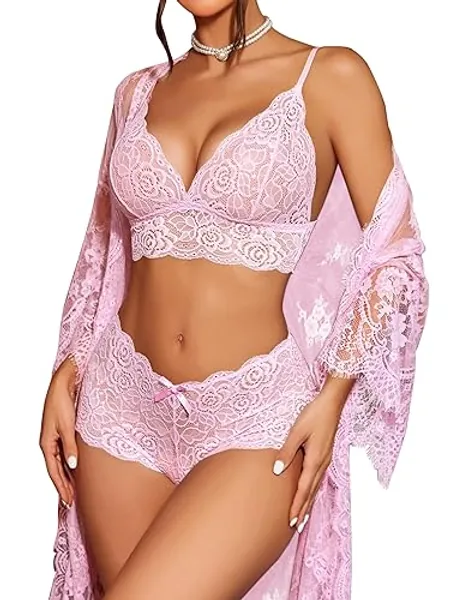 Avidlove Women Sexy Lingerie Set 3 Piece Bra and Panty Sets with Lace Kimono Robe Sleepwear Mesh Nightgown