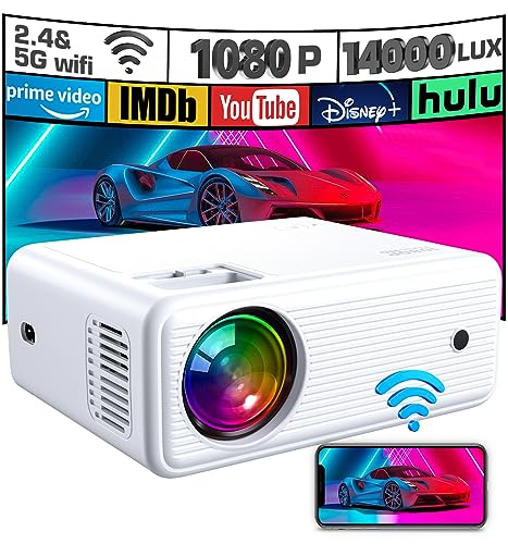 Mini Projector, ClokoWe WiFi Projector with Projector 1080P Full HD, 14000 Lux Portable Video 4K Projector Compatible with iphone TV Stick PS5 HDMI USB, Multimedia Home Movie Theater Projector - ‎Pure White