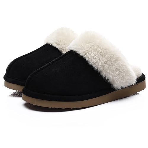 Litfun Women's Fuzzy Memory Foam Slippers Fluffy Winter House Shoes Indoor and Outdoor - 10.5-11 - Black