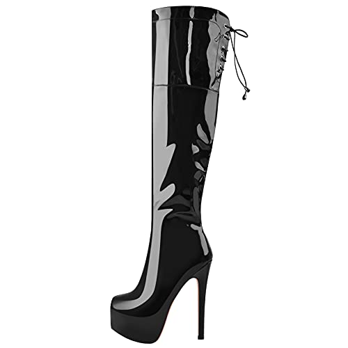 MissHeel Women's Platform Stiletto Heeled Lace up Boots - 12 UK - Patent Black