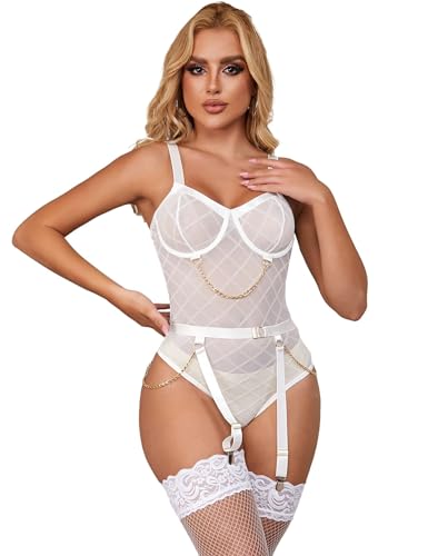 ohyeahlady Women's Sexy Bodysuits Lingerie Sets Plus Size Mesh Body Suits with Wide Garter Belts and Chain Size UK 8-22 - 3XL-4XL - White