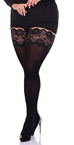 Deep Lace Top 100 Denier Hold-Ups Plus Size Double Silicone Band - M-L - Black