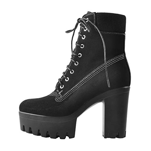 Only maker Women's Lace Up Block High Heels Ankle Boots - 12 UK - Black