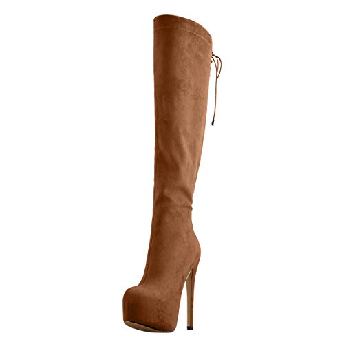 MissHeel Women's Platform Stiletto Heeled Lace up Boots - 12 UK - Cognac