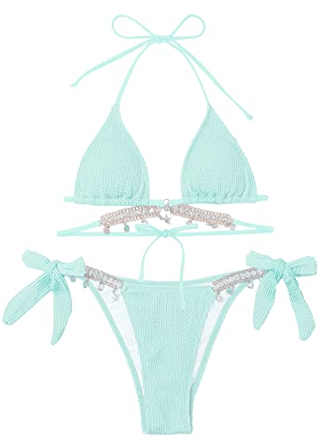 GORGLITTER Damen Bikini Set Bikini Mit Strass Triangel Badeanzug Zweiteiler Bikini Tanga Glitzer Bikini - XL - Blau