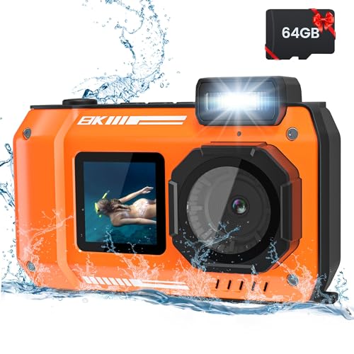 Upgraded 8K 70MP Underwater Camera with 64G Card, 33FT Waterproof Camera Rugged Dustproof Shockproof for Snorkeling, Selfie Digital Camera for Diving, Dual-Screen Underwater Photography Camera