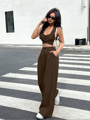 SHEIN Essnce 2pcs Women Plain Single-Breasted Cropped Vest And Pants Set
