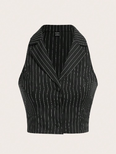 SHEIN X Antonella SHEIN EZwear Striped Print Button Front Crop Vest Blazer