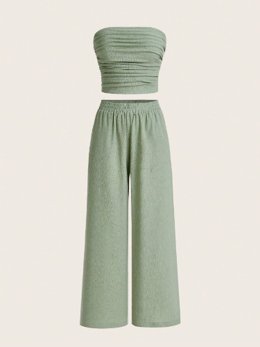 SHEIN EZwear Ladies" Solid Color Textured Fabric Strapless Top And Pants Set For Summer