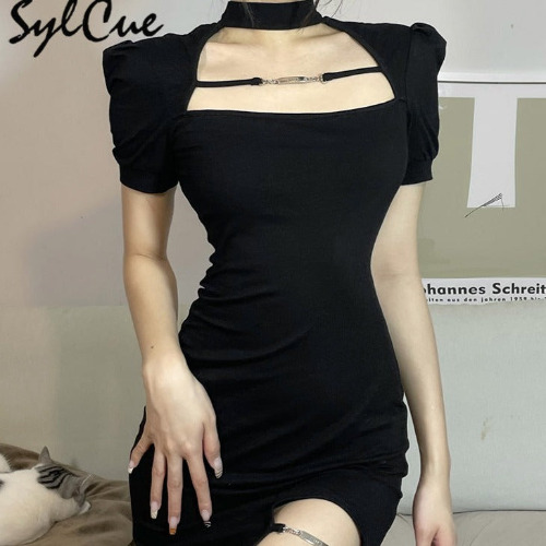 'Oddity' Black Alt Short Sleeve Dress - black / M