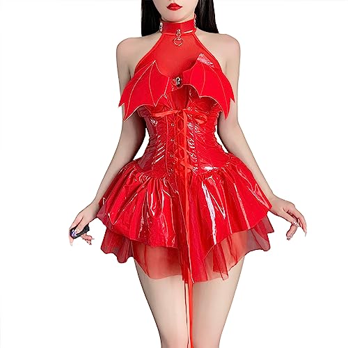 mzenuop Cosplay Lingerie For Women Cute Anime Lingerie Strap-On Bat Imp See-Through Skirt Set (Red, S-M) - Red - Small-Medium