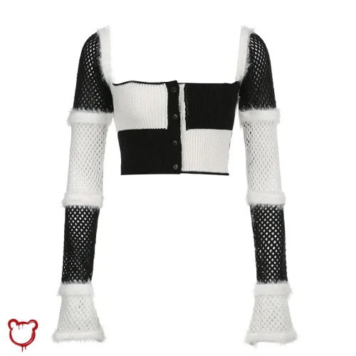 Black and White Fishnet Sweater: Toasty and Chic. - multi / S
