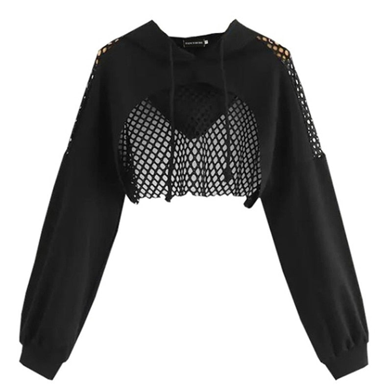 'Doomed' Black Alt Mesh Cropped Hoodie - black / S
