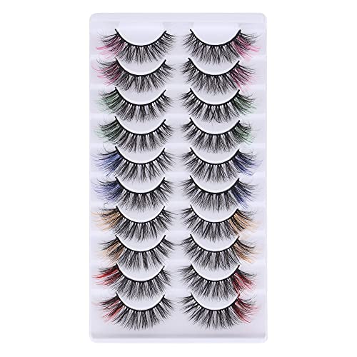 outopen Colored Lashes, False Eyelashes with Color, Fluffy 5D Volume Curly Faux Mink Eyelashes 10 Pairs Cat-Eye Cosplay Makeup Lashes - B07-Mixed Color 10 Pairs