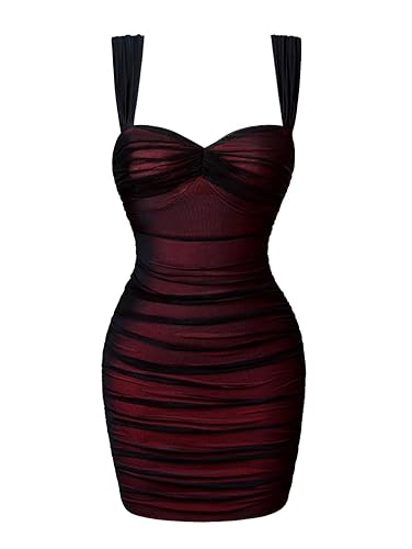 LAGSHIAN Women's Summer Sexy Bodycon Sleeveless Tank Straps Mesh Ruched Mini Party Dress - Small - Black Red