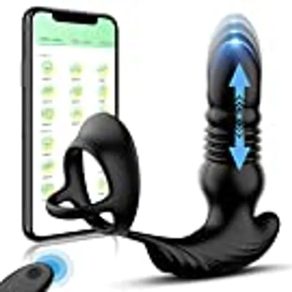 Thrusting Anal Vibrator Prostate Massager with Cock Ring, App & Remote Control Anal Sex Toy with 9 Thrusting & Vibrating Modes, Rechargeable Butt Plug G Spot Vibrator Adult Toy for Men Couples
