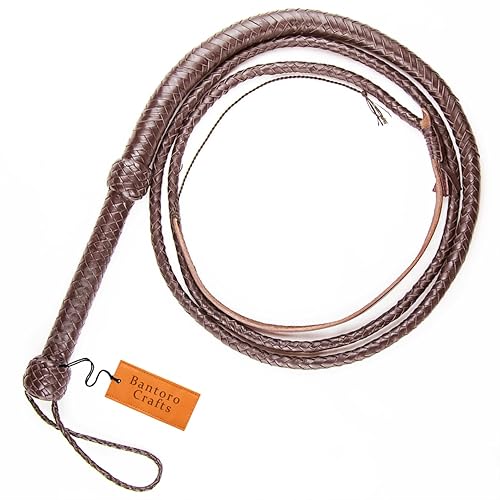Bantoro Crafts Indiana Jones Braune Echtleder-Peitsche, 2,4 m Länge in 12-fach geflochtener Bullpeitsche, Reiten, Knacken, laute Peitsche, Rinder