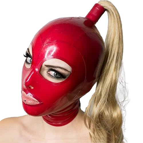 Latex Kapuze mit Zopf und Augenloch, rote Vollgesichtsabdeckung mit Reißverschluss für Meister, Königin, Sex, BDSM, Party, Cosplay, Urlaub - S