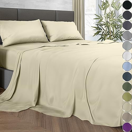 DECOLURE 100% Organic Bamboo Viscose Sheets Full Size 4 pcs - Ultra Soft & Luxuriously Cooling, 16" Deep Pocket, Double Stitching, Perfect for Hot Sleepers - Luxury Full Bed Sheets Set (Creme) - Creme - Full