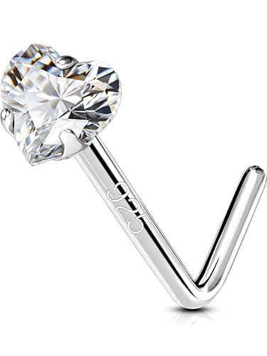 OUFER 20G Nasenpiercing Silber 925 Nose Ring L Form Nasenring 3 mm Stern Herz CZ Nasen Piercing Nase Stud Nostril Stecker Nasenstecker Schmuck Nose Earring Frauen Männer - 3mm Herz