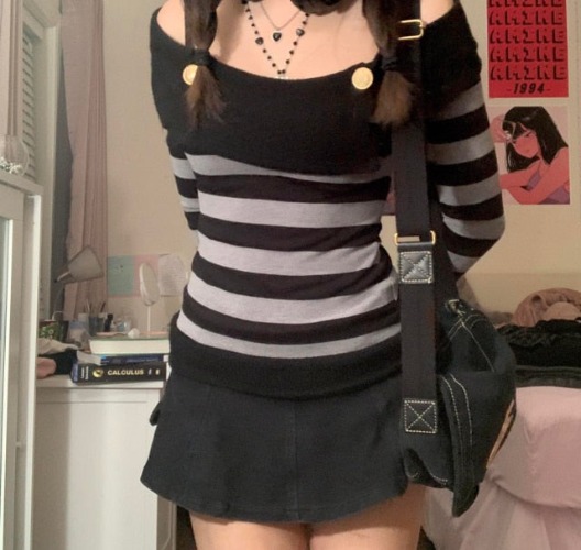 'Hometown' Grey Grunge Striped Long Sleeve Top - gray / S