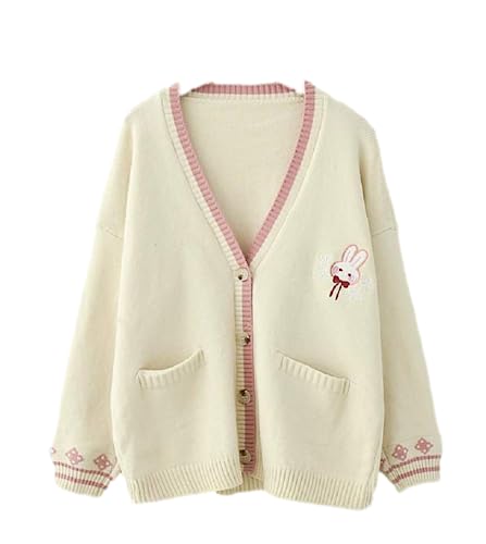 GK-O Mori Girl Kawaii Rabbit Japan JK Uniform Knit Cardigan Sweater Girl School Cosplay Sweater - Medium - white