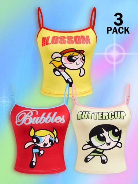 THE POWERPUFF GIRLS X SHEIN Women's Three Pieces Camisole Top, Buttercup, Bubbles, Blossom, Cartoon Pattern, Y2K Camisole Top. Red, Yellow, Apricot Camisole, Concert, Rave Festival, Country Concert , Cute, Sexy, Casual, 2025 Spring And Summer