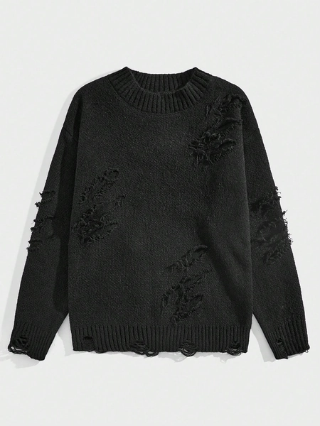 ROMWE Grunge Punk Men's Ripped Hollow Crew Neck Pullover Sweater Is Suitable For Daily Use In Spring, Autumn And Winter, School