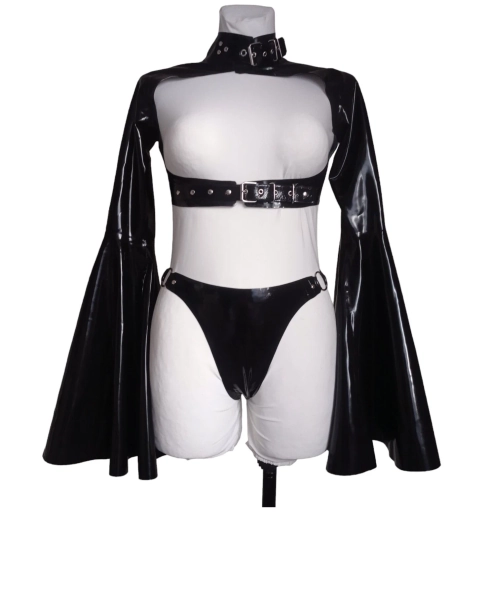 Latex cape with wide sleeves.