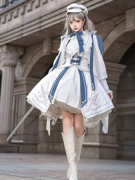 [$109.00]White and Blue Military Lolita Outfit Long Sleeves Top + Corset Belt High Waist Skirt