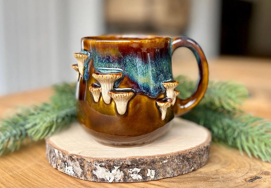Ceramic coffee cup handmade, small mushroom cup, 10 fl oz / 300 ml, 3D pottery mug, mushroom forest mug, stoneware cup
