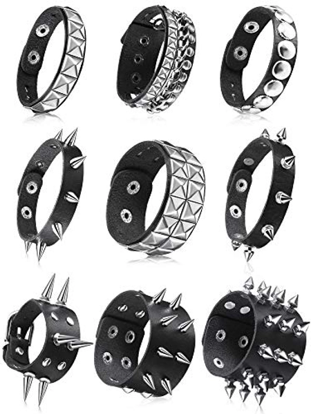 Hicarer 9 Pieces Spiked Studded Bracelet Black Leather Rivet Punk Bracelet Cuff Wrap Bangle Snap Button Metal Wristband for Men Women
