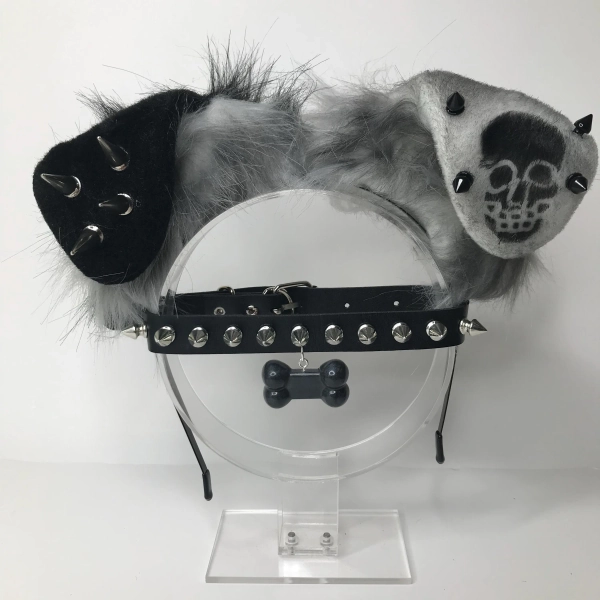 Skull white black puppy Halloween horror Dog Ears spiked headband head band cosplay collar choker set