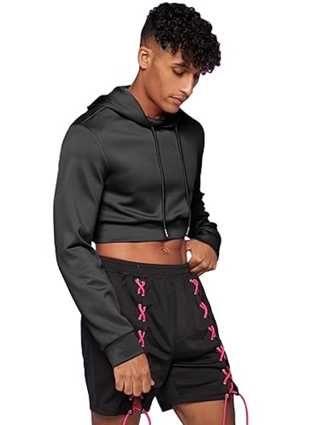 WDIRARA Men's Drawstring Long Sleeve Crop Hoodie Casual Pullovers Sweatshirt Tops