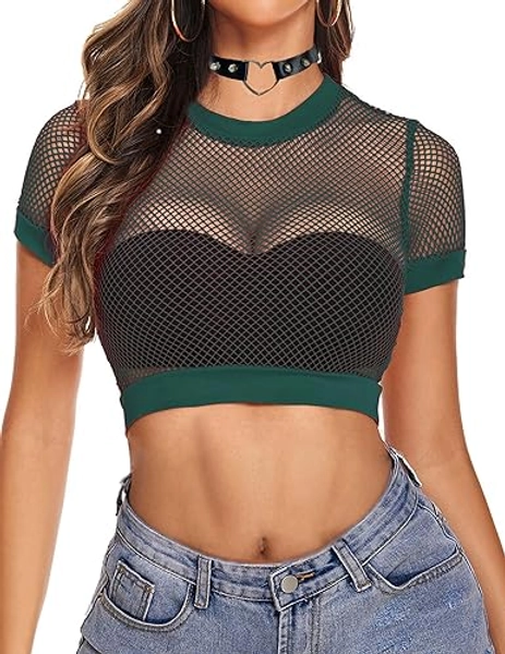 Avidlove Fishnet Crop Top for Women Y2K Short Sleeve See Through Shirt O Neck Pullover Blouse