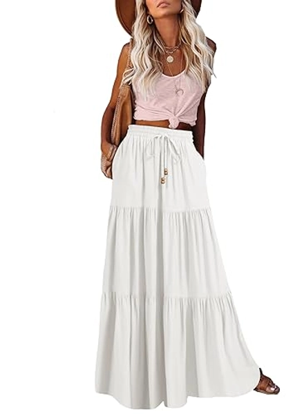 HAEOF Women's Summer Boho Maxi Skirt A-Line Flowy Ruffle Tiered Elastic High Waist Beach Long Skirts with Pockets