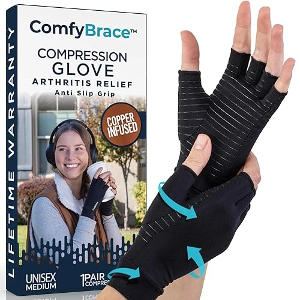 ComfyBrace Copper Infused Compression Arthritis Gloves for Hand & Finger Relief from pain/swelling caused by Rheumatoid Arthritis, carpal Tunnel, Tendonitis and Poor Circulation, Fits Men & Women