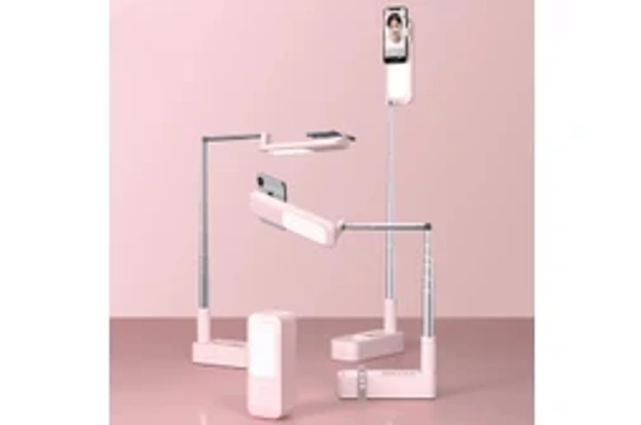 LED Portable Phone Holder Stand Wireless Remote Dimmable Selfie Fill Light Lamp Pink