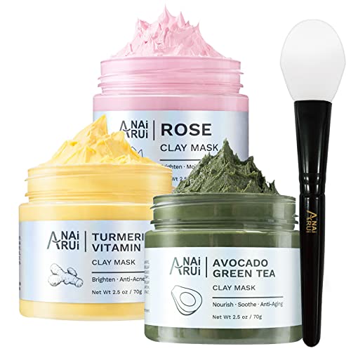 ANAiRUi Kurkuma Vitamin C Tonerde Maske - Rose Gesichtsmaske - Avocado Grüner Tee Schlamm Maske, SPA Gesichtsmasken Set zur Tiefenreinigung, Ölkontrolle, Reduzierung von Akne und Poren, 210g - pink
