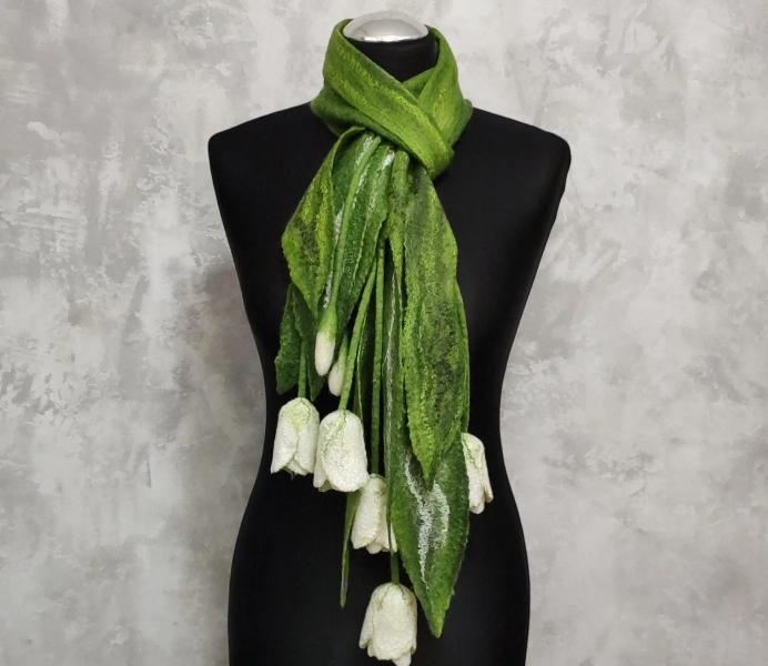 Felted flower scarf with white tulips